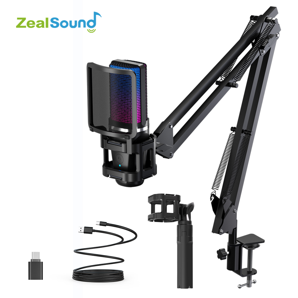 Streaming Mic Condenser - ميكروفون Zealsound RGB مع ذراع مفصلية/ميكروفون